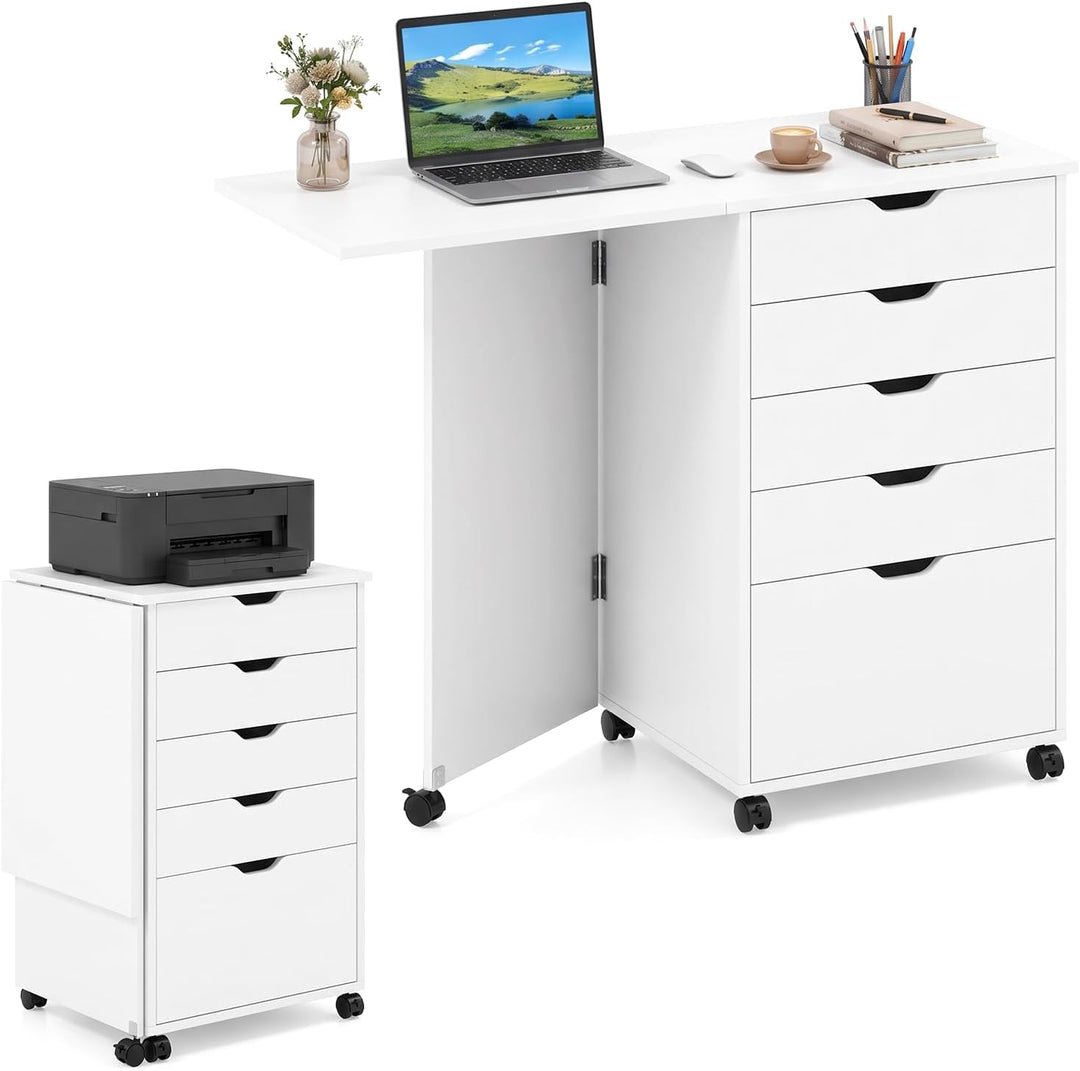 GIANTEX 5-Drawer Wood Drawer Cabinet Folding Desk with Wheels