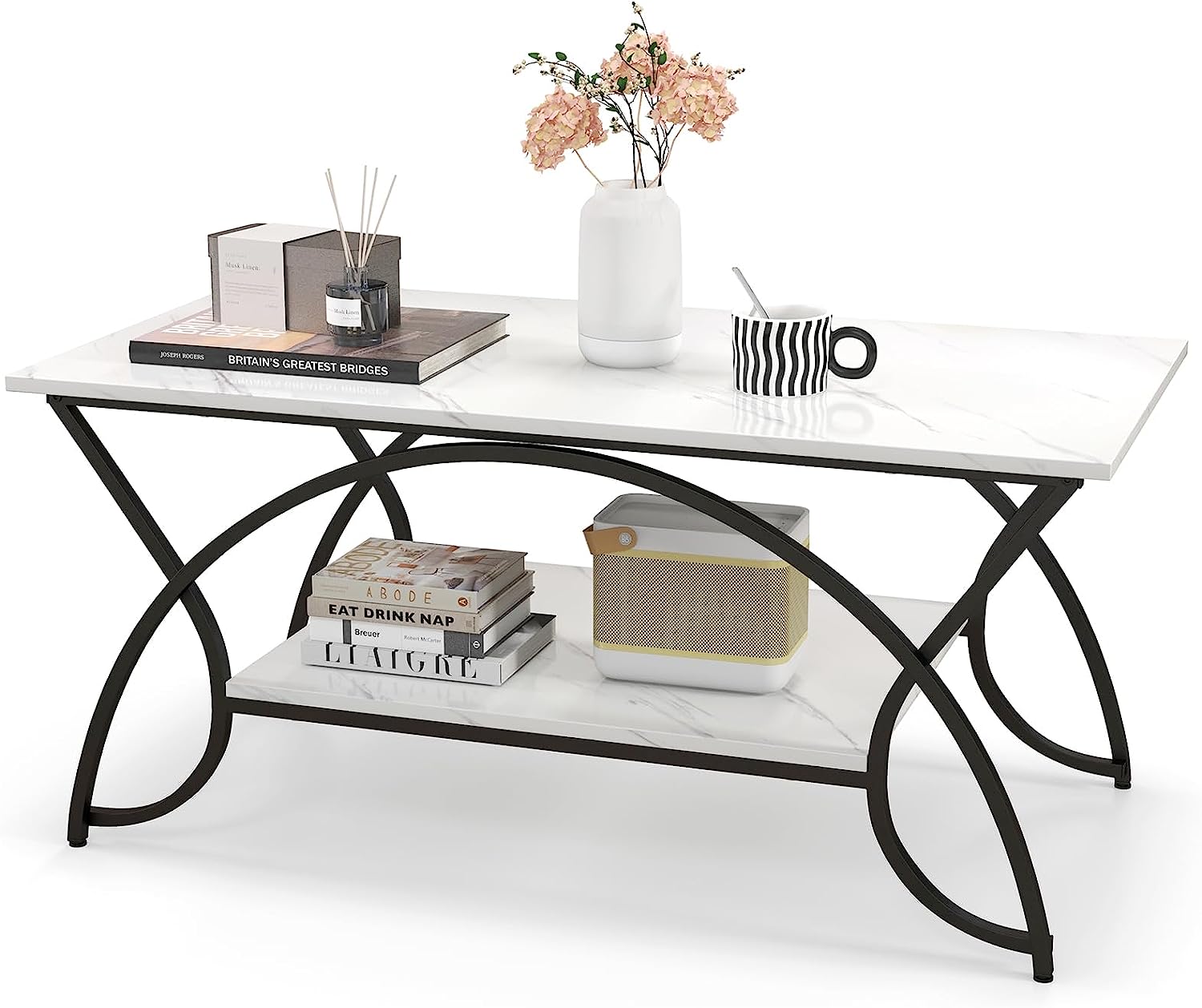 Giantex 2-Tier Rectangular Coffee Table, Modern Chic Cocktail Table with Open Storage Shelf, White/Gold