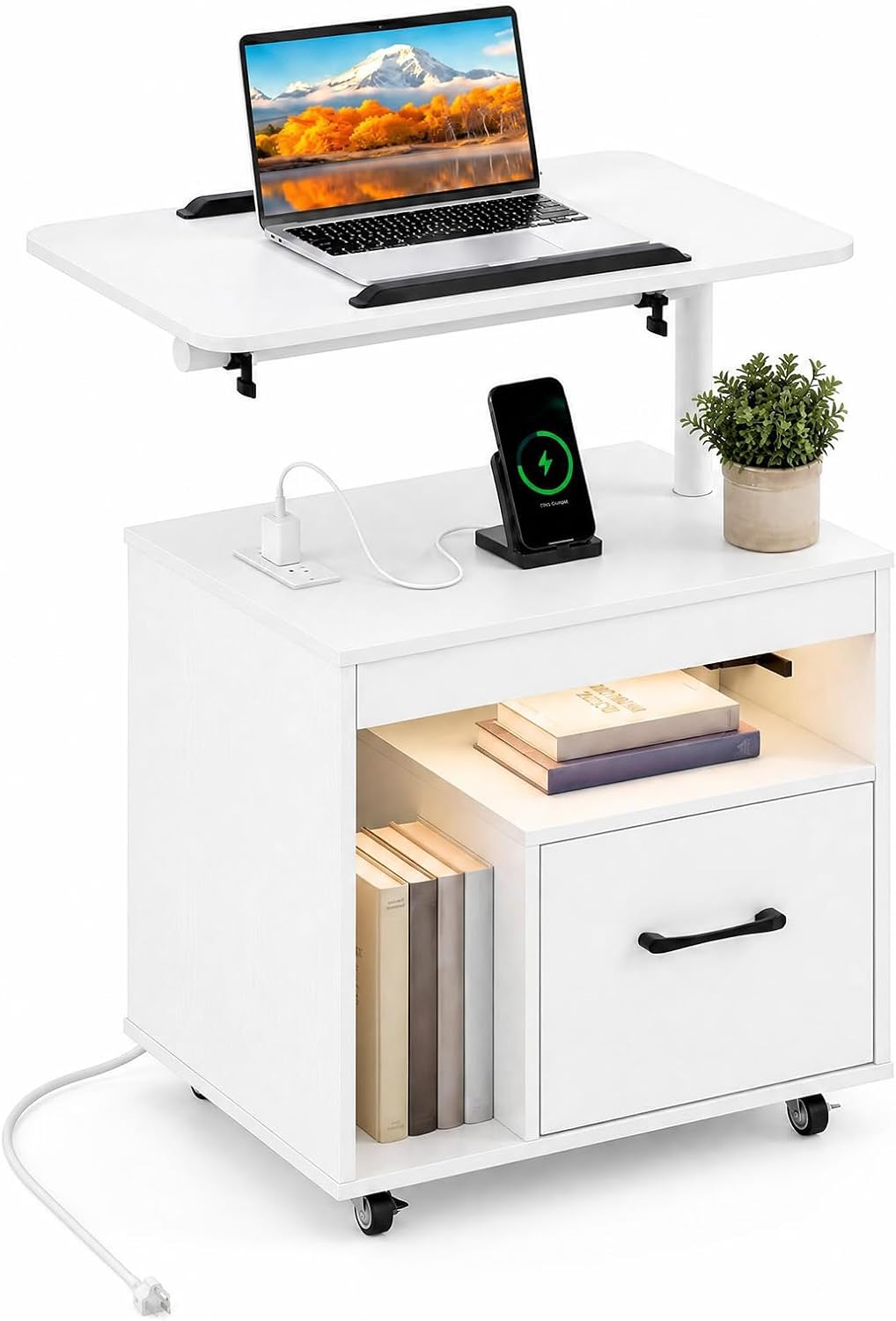 GIANTEX LED Nightstand with Charging Station, Rolling Bedside Table