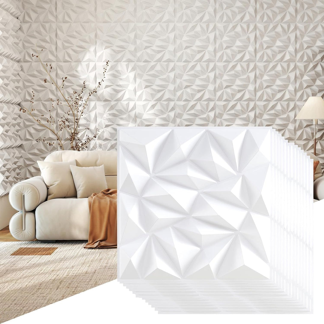 Giantex 3D Wall Panels, 20"x20" White PVC Decorative Wall Tiles with Diamond Pattern