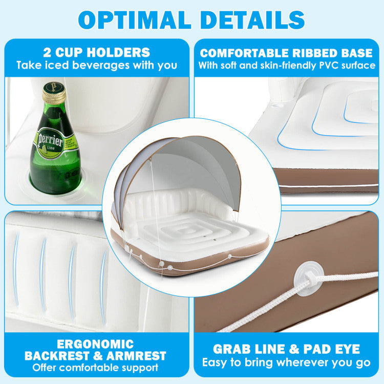 Giantex Canopy Island Inflatable Pool Float Comfortable Lounge Surface – Built-in Cup Holders – Detachable Sunshade – 440lb Max Weight Capacity