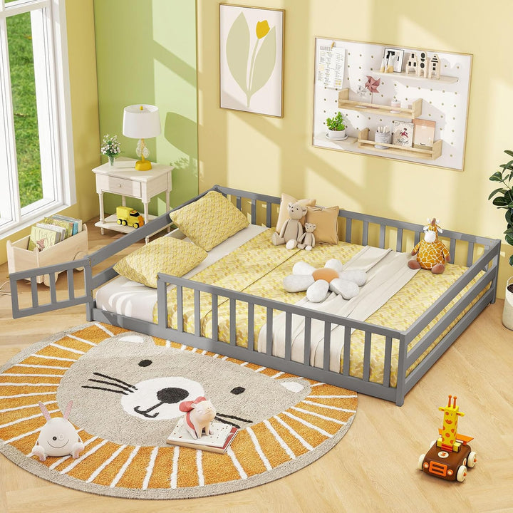 Giantex Floor Bed with Door & Fence Kids Wood Montessori Beds with Safety Guardrails