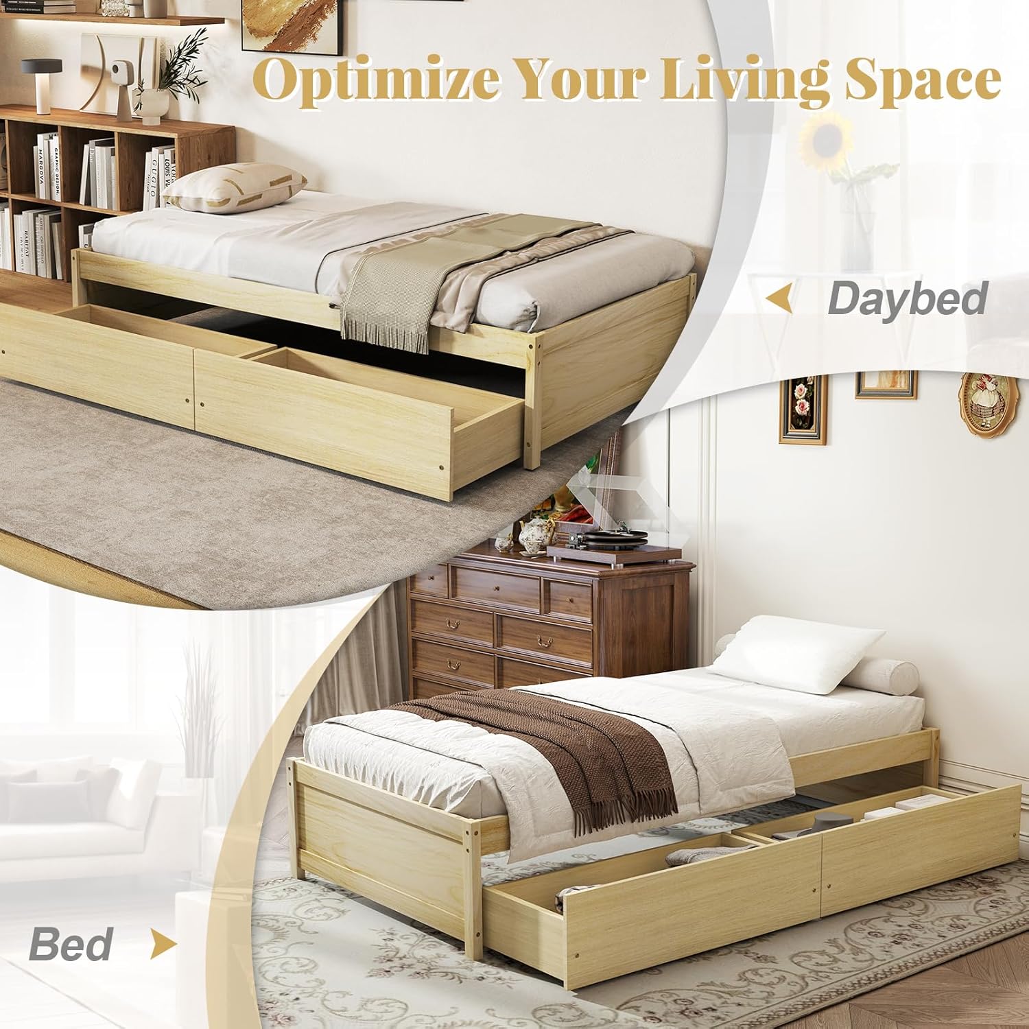 Giantex Twin Bed Frame with 2 Storage Drawers, Solid Wood Platform Bed with Slats Support