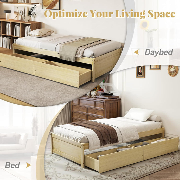 Giantex Bed Frame with 2 Storage Drawers, Solid Wood Platform Bed with Slats Support