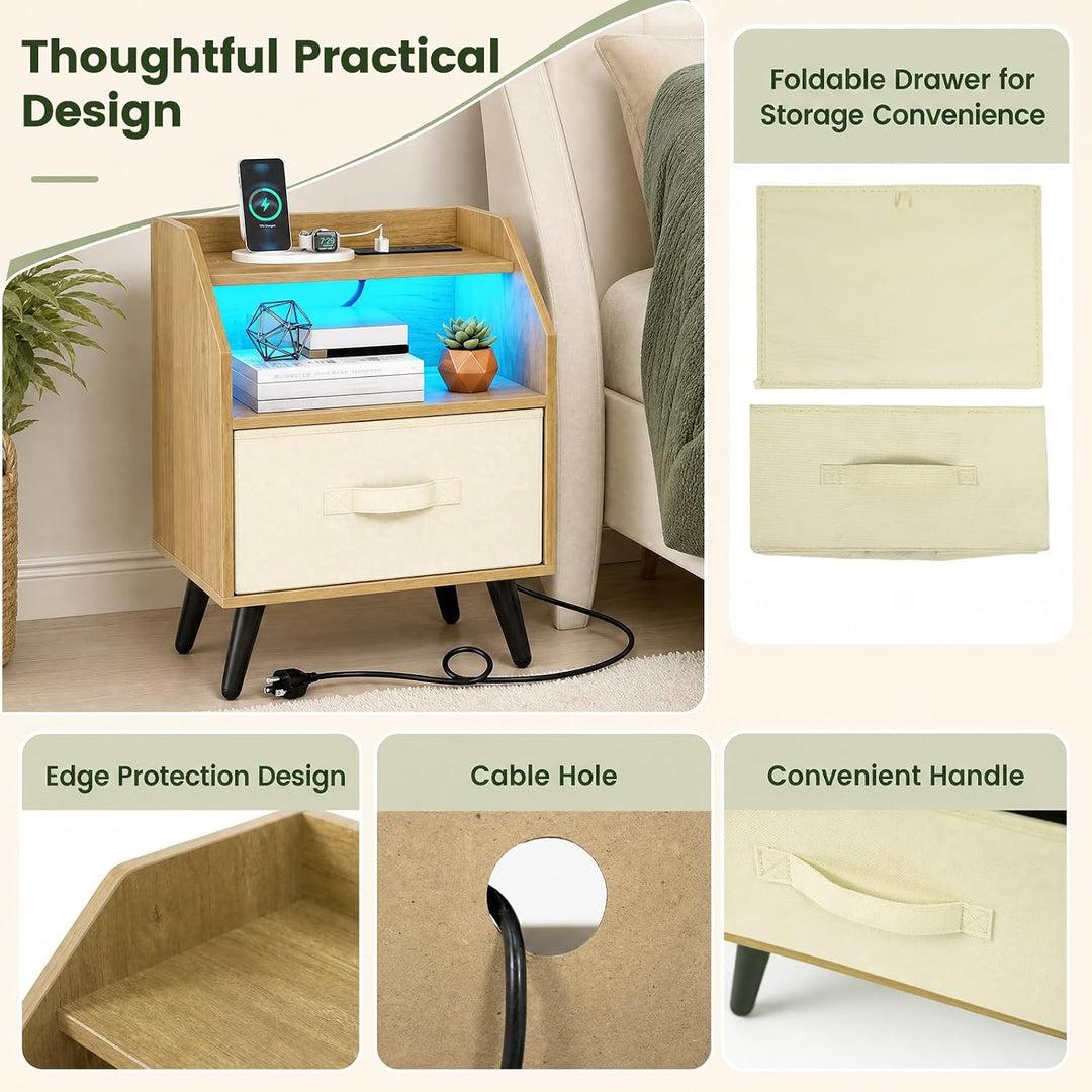 GIANTEX Modern LED Nightstand w/Charging Station &amp; Fabric Drawer