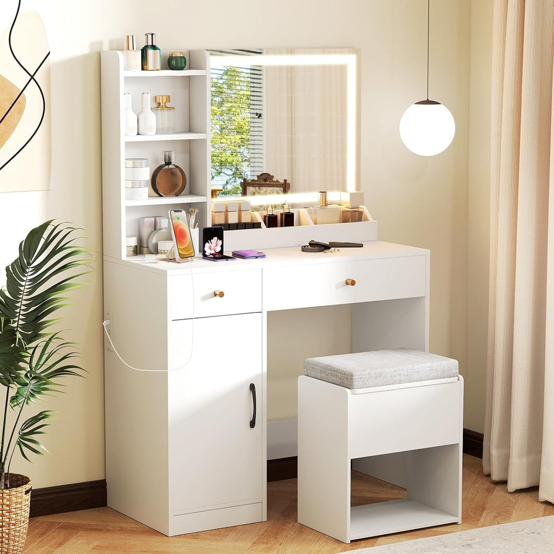 CHARMAID Vanity Desk with Mirror and Lights, Makeup Vanity Desk with Drawers, Shelves, Side Cabinet