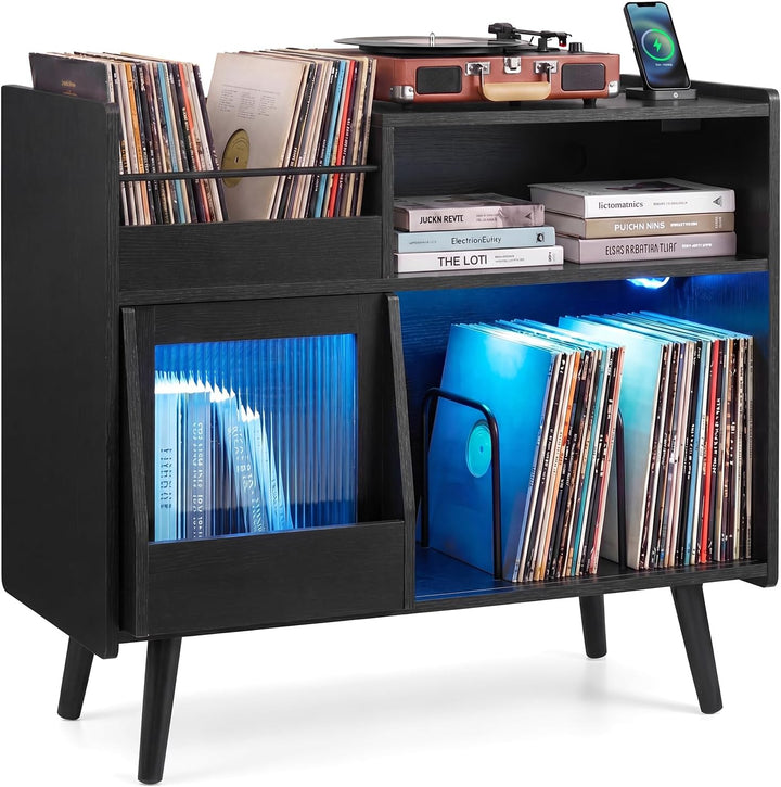 Giantex Large Record Player Stand with LED Light&amp; Sliding Door