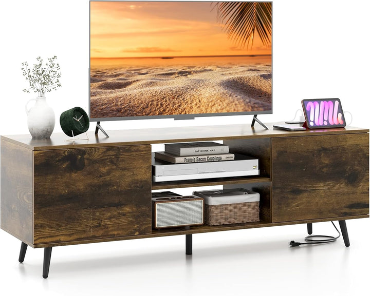 Giantex TV Stand with Power Outlet for TVs up to 60'', Entertainment Center with Cable Hole, Cabinets