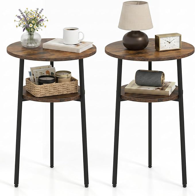 Giantex Round Side Table, 2-Tier End Table w/Metal Frame | Accent Nightstand Bedside Table w/ Storage Shelf for Small Space Sofa Couch Side