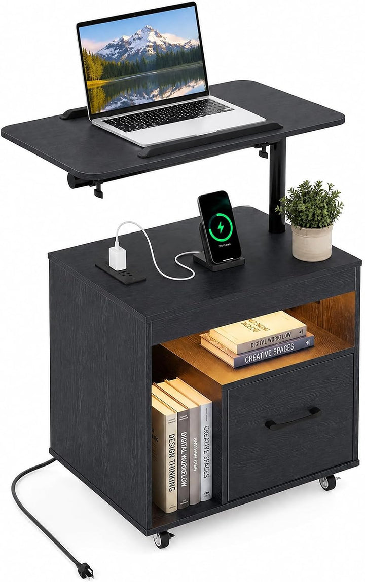 GIANTEX LED Nightstand with Charging Station, Rolling Bedside Table