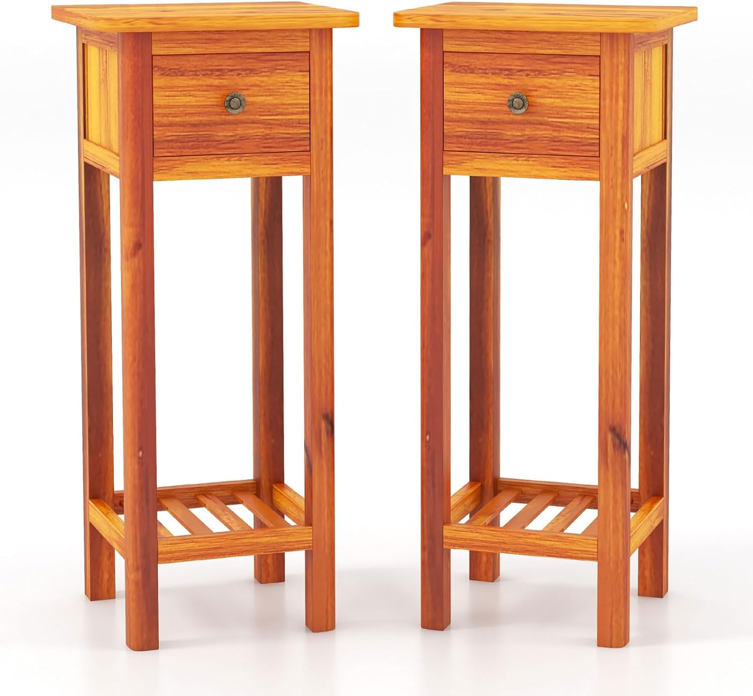 Giantex Narrow End Table with Drawer, Tall Acacia Wood Side Table with Bottom Shelf, Modern Bedside Tables