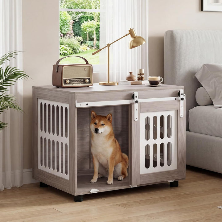 GIANTEX 31.5" Dog Crate Furniture with Barn Door for Small Medium Dogs | Farmhouse Wooden Dog Kennel