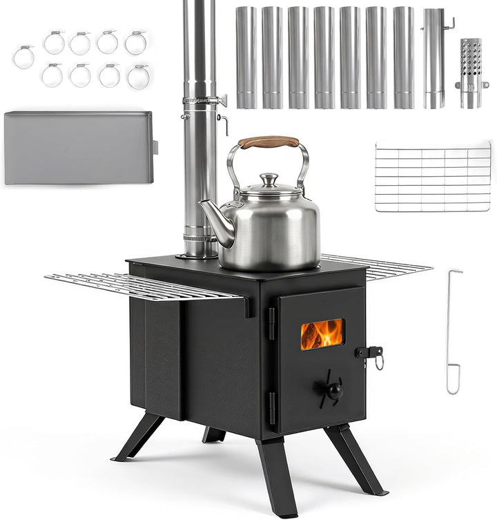 GIANTEX Hot Tent Stove, 8.4 ft Wood Burning Stove with Ash Tray | Portable Camping Wood Stove with 8 Chimney Pipes &amp; Spark Arrestor