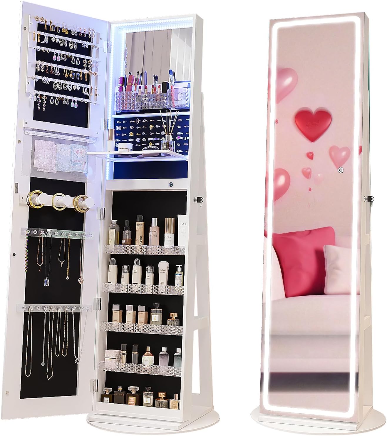 CHARMAID LED Mirror Jewelry Cabinet Armoire 360° Swivel, 63" H 3-Color Lighted Full Length Mirror