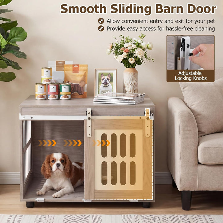 GIANTEX 31.5" Dog Crate Furniture with Barn Door for Small Medium Dogs | Farmhouse Wooden Dog Kennel