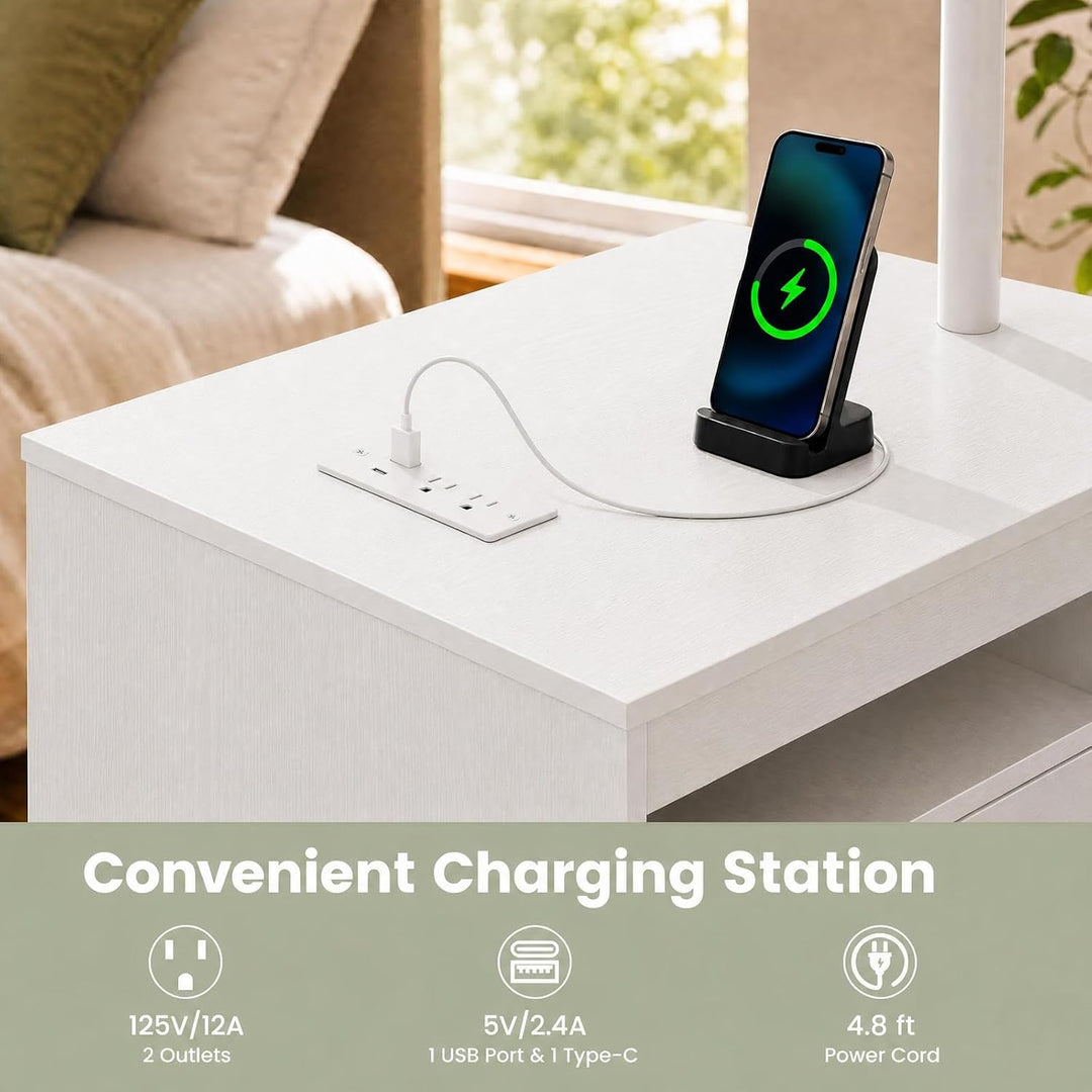 GIANTEX LED Nightstand with Charging Station, Rolling Bedside Table