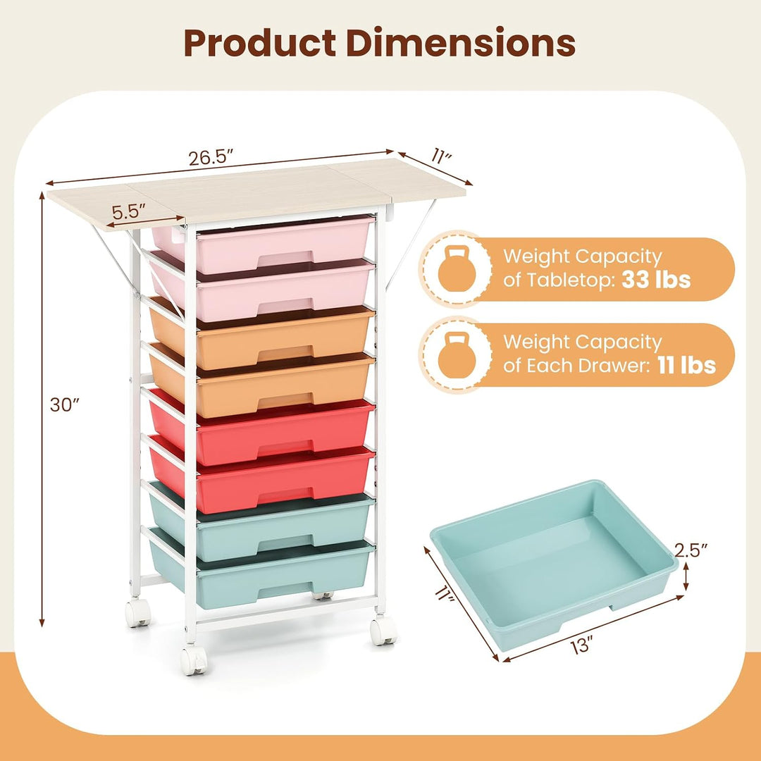 Giantex 8 Drawers Rolling Cart with Wheels, Folding Wood Top