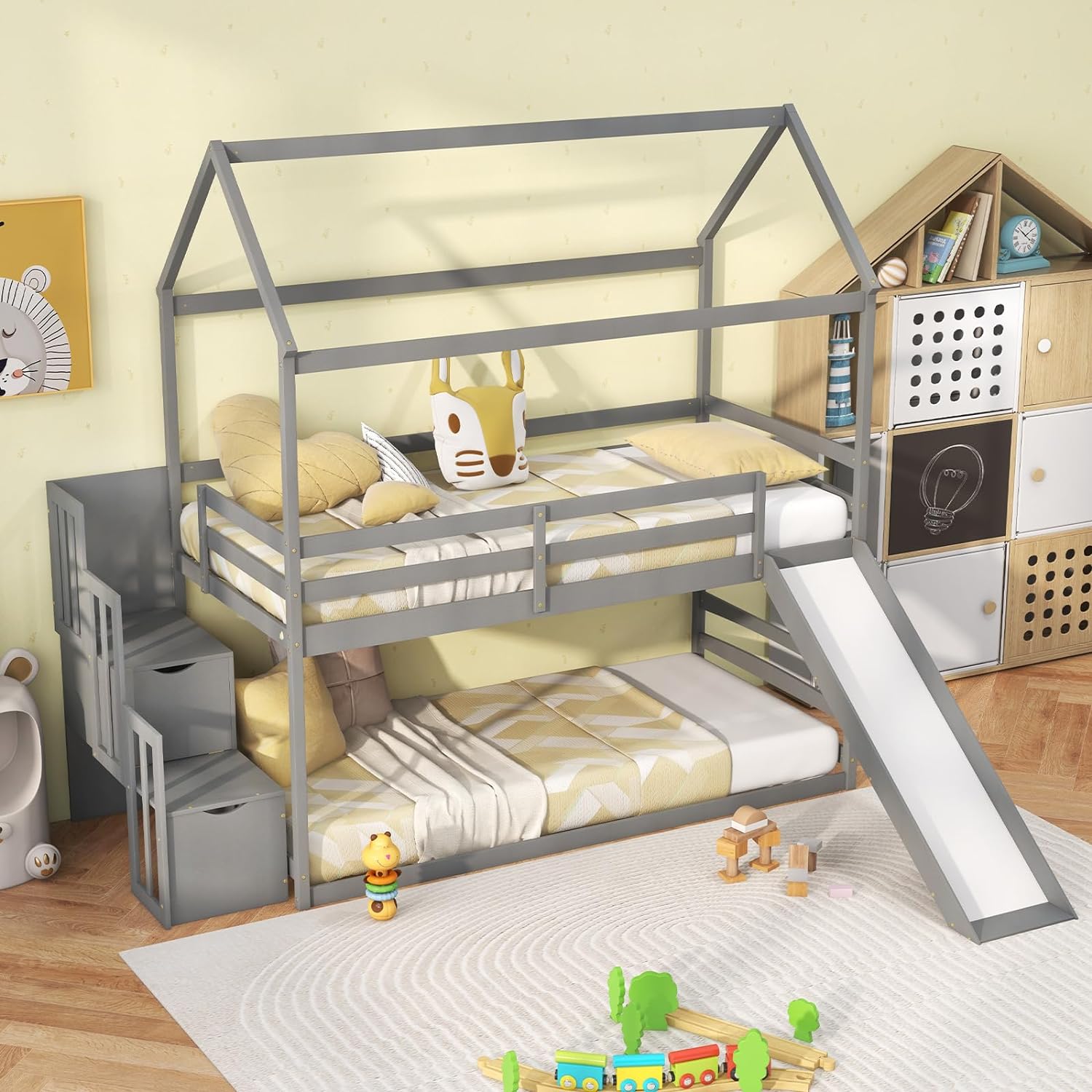 Giantex House Bunk Bed Twin Over Twin with Slide and Storage Stairs, Solid Wood Low Loft Bed Frame with Roof & Guardrail