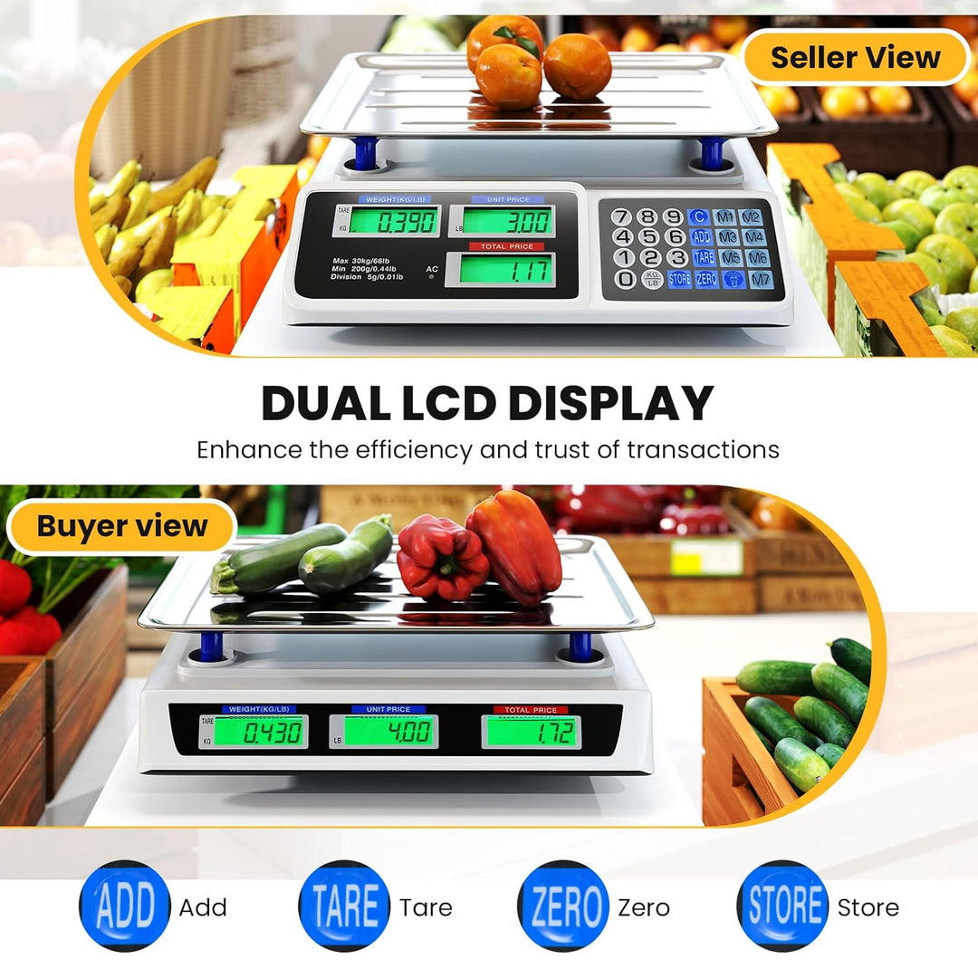 Price Computing Scale 66 lb/30 kg, Rechargeable Commercial Food Scale with Dual LCD Display