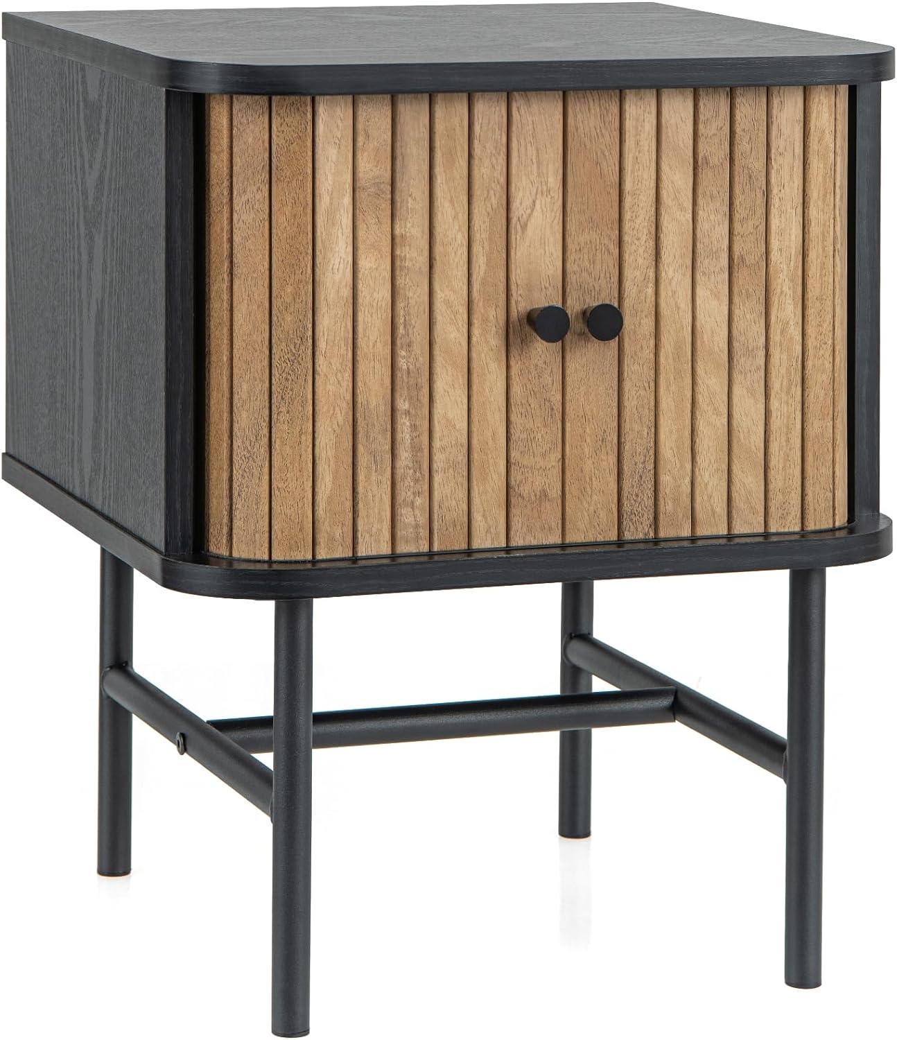 Giantex Mid-Century Modern Nightstand, Wood Bedside Table with Sliding Doors and 4 Metal Legs