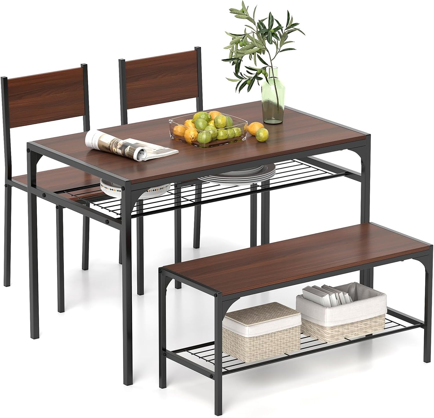 Giantex Dining Table Set for 4, Kitchen Table with Chairs & Bench, Storage Racks