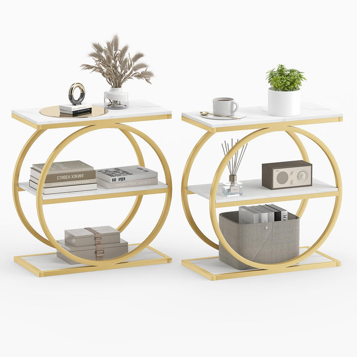 GIANTEX 3-Tier Faux Marble Narrow End Table with Storage &amp; Gold Geometric Metal Frame (1/2)