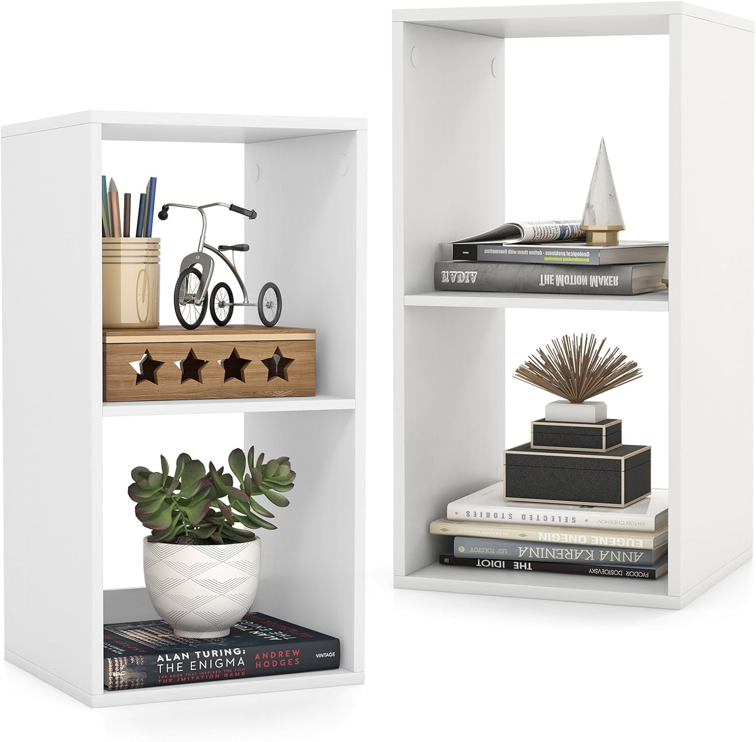 Giantex 2-Cube Bookcase, White Cubby Bookshelf w/Back Guardrail & Anti-Tipping Kits