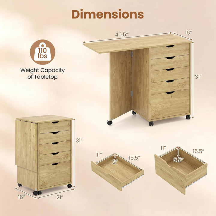 GIANTEX 5-Drawer Wood Drawer Cabinet Folding Desk with Wheels