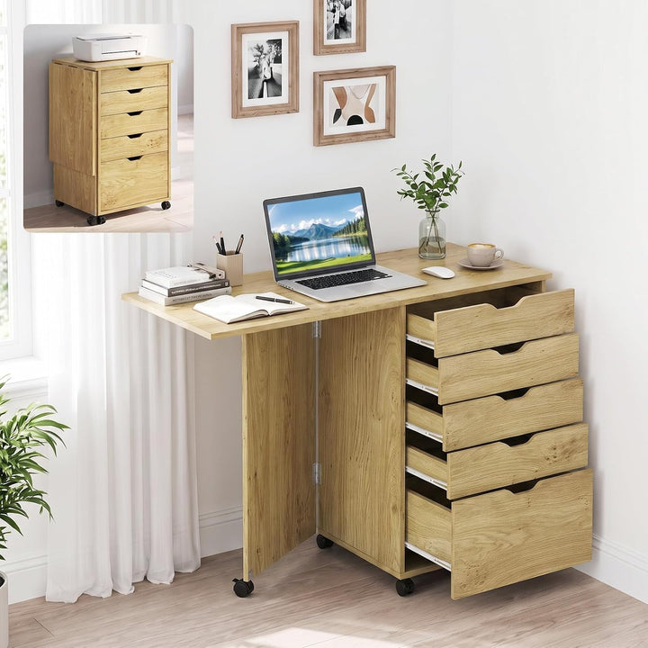 GIANTEX 5-Drawer Wood Drawer Cabinet Folding Desk with Wheels