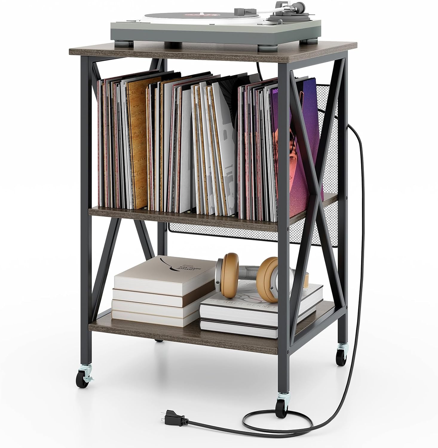 Giantex Record Player Stand with Charging Station, Turntable Stand with Record Storage & 4 Rolling Wheels