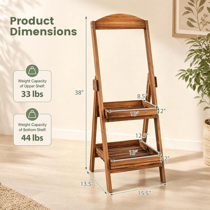 GIANTEX 2-Tier Ladder Plant Stand, Fir Wood Flower Pot Shelf, Rustic Brown