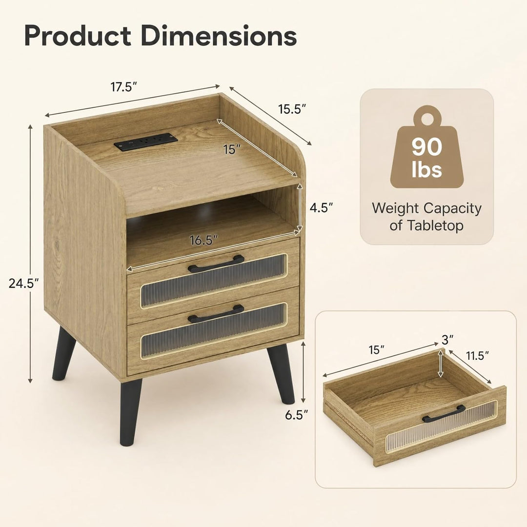 GIANTEX Fluted Nightstand with Charging Station &amp; LED Lights