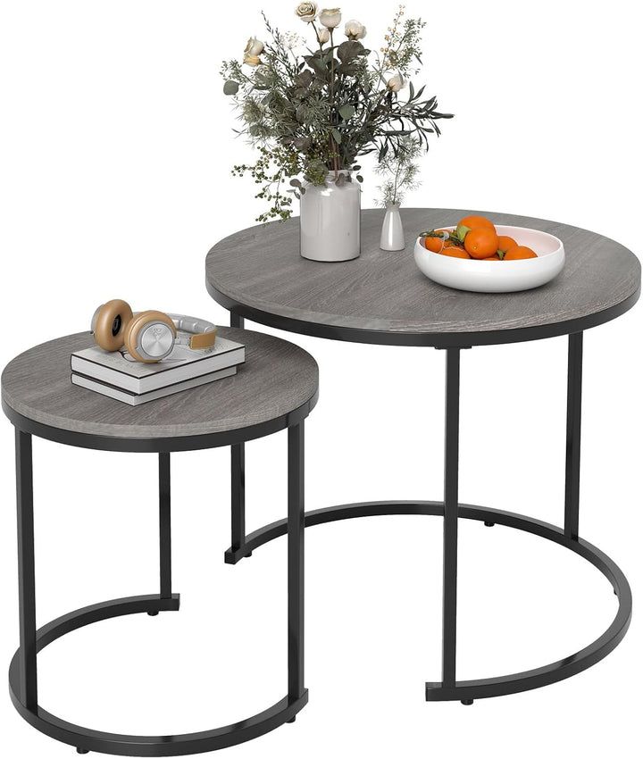 Nesting Coffee Table Set of 2, Round Stacking Side Tables w/Wooden Tabletop &amp; Steel Frame