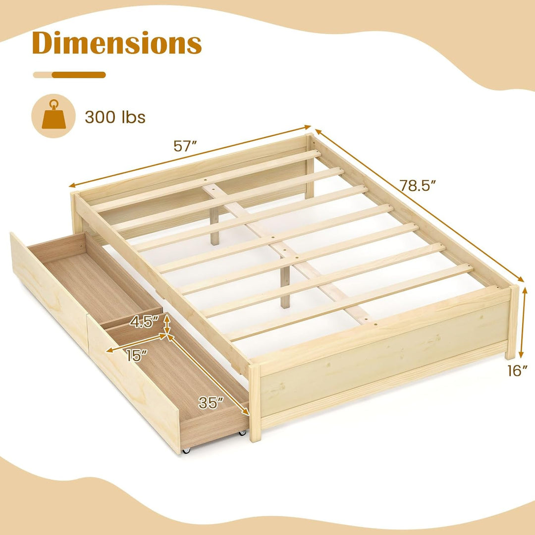 Giantex Bed Frame with 2 Storage Drawers, Solid Wood Platform Bed with Slats Support