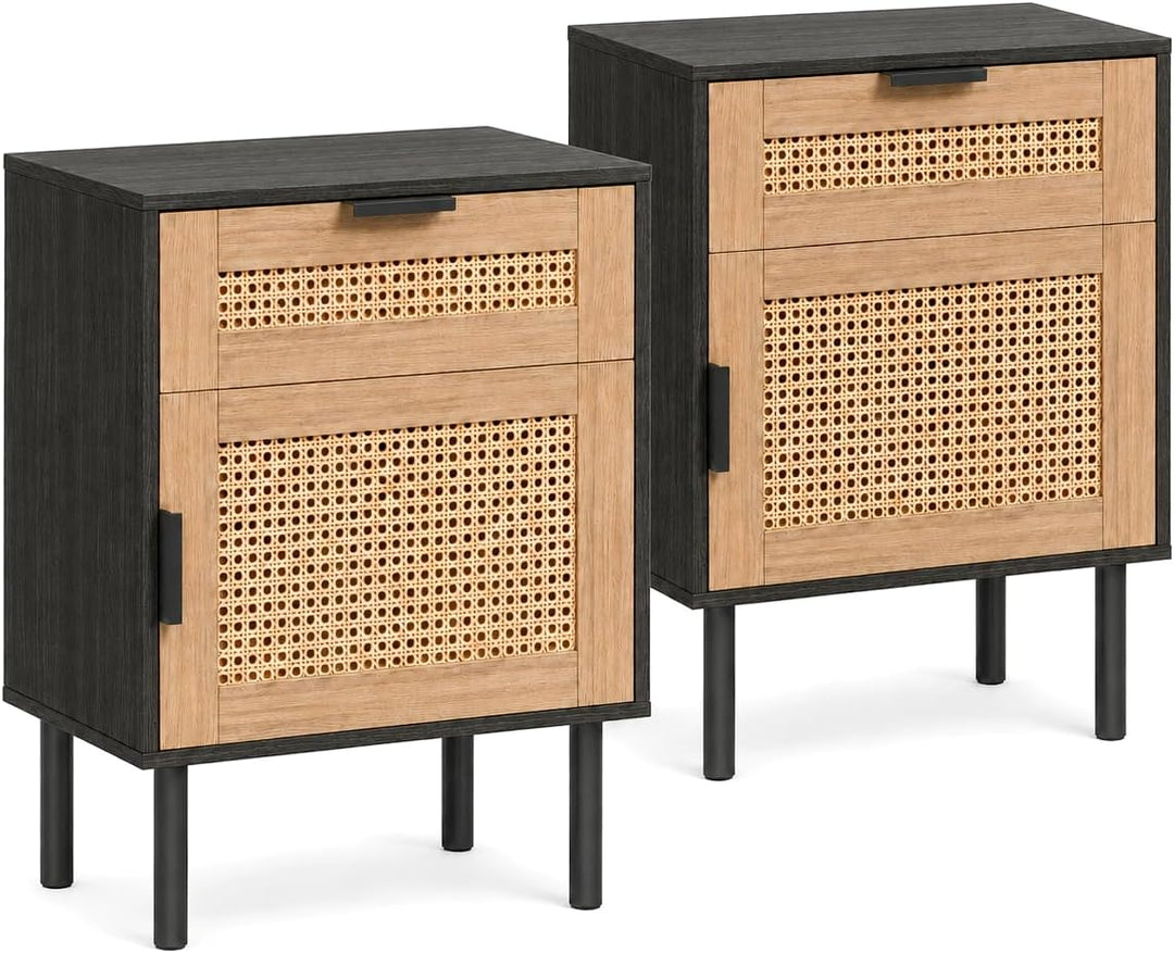 GIANTEX Rattan Nightstand with Drawer &amp; Cabinet, End Table