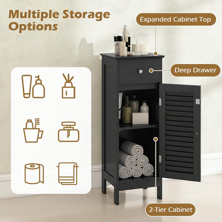 GIANTEX Bathroom Floor Storage Cabinet with Door and Drawer, Black | Freestanding Side Cabinet with 3-Height Adjustable Shelf