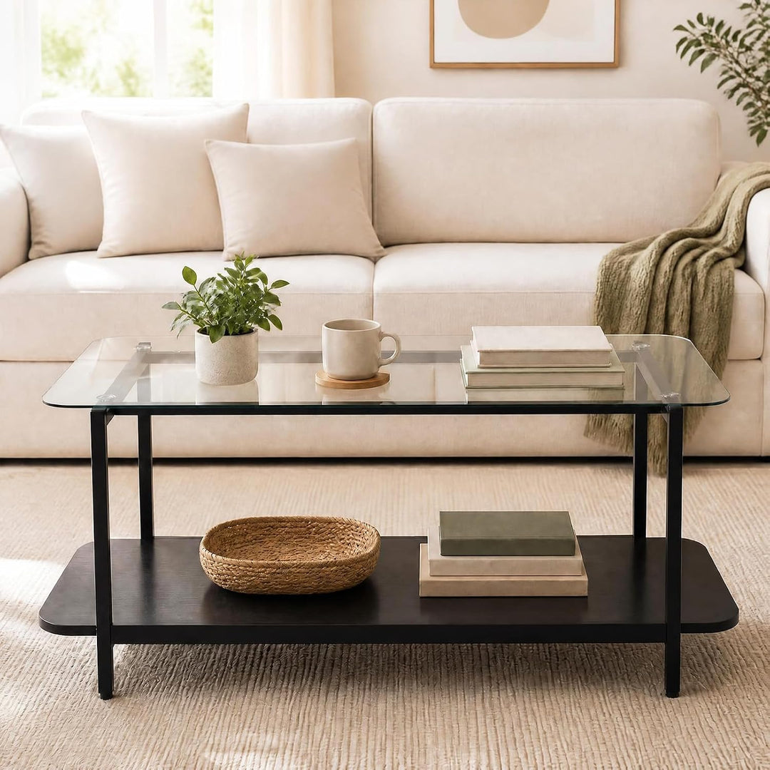 GIANTEX 37.5" Glass Coffee Table 2-Tier Center Table with Storage