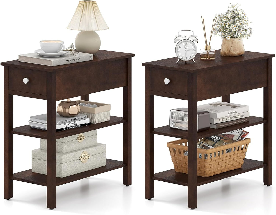 Ginatex Narrow Side Table Small End Tables with Drawer & Open Storage Shelves