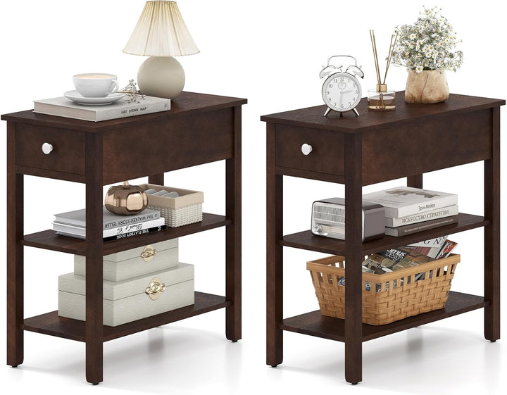 Ginatex Narrow Side Table Small End Tables with Drawer & Open Storage Shelves