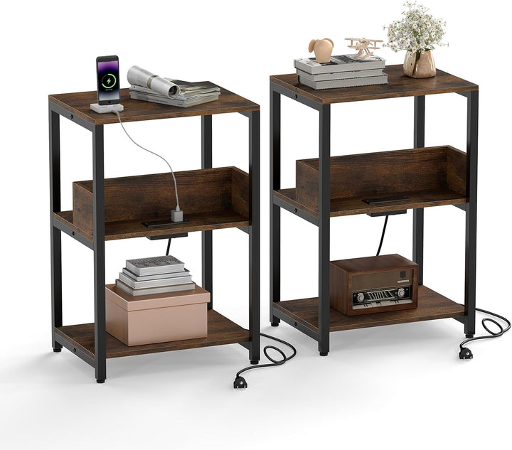 Giantex Side Table with Charging Station - Industrial 3-Tier Bedside Table w/Open Storage Shelves