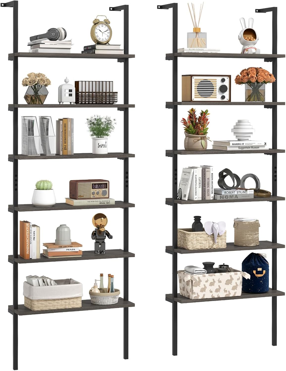 Giantex 6-Tier Ladder Shelf, 72" Wall Mounted Bookshelf with Metal Frame, Industrial Open Storage Shelves