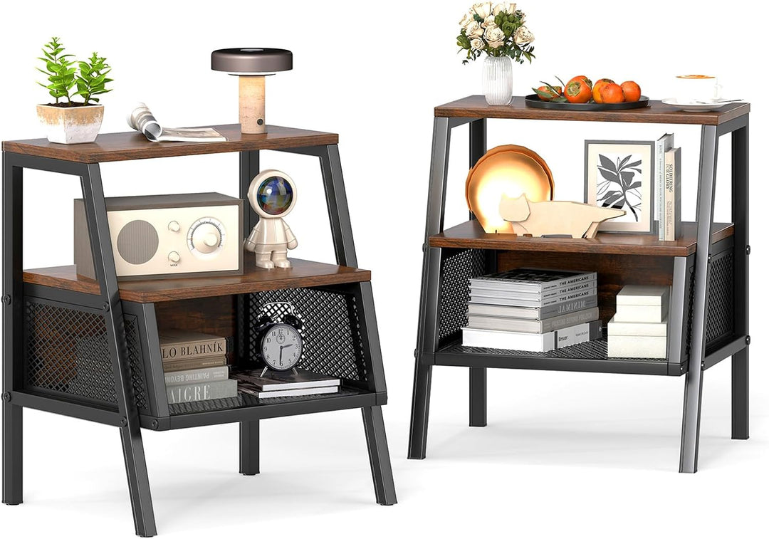 Giantex Industrial Nightstand 3-Tier End Table with 2 Open Shelves and Metal Mesh Compartment
