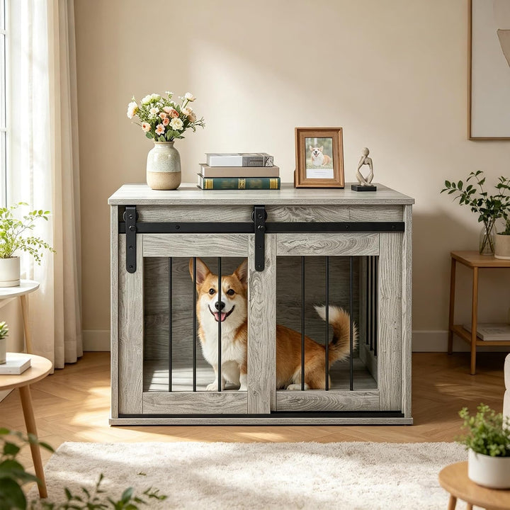 GIANTEX 31.5" Dog Crate Furniture with Sliding Barn Door, Wooden Dog Kennel | Heavy Duty Wood Pet Cage End Side Table