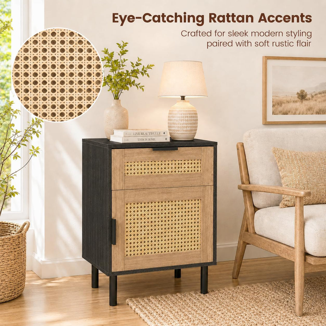 GIANTEX Rattan Nightstand with Drawer &amp; Cabinet, End Table