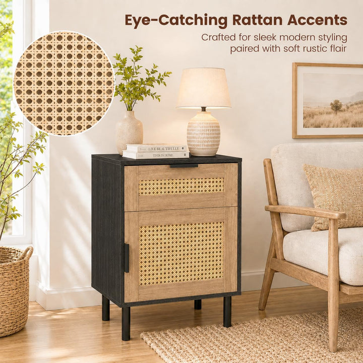 GIANTEX Rattan Nightstand with Drawer &amp; Cabinet, End Table