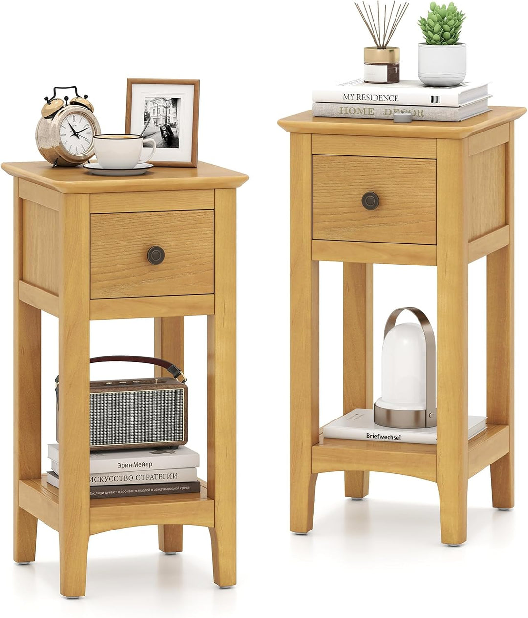 Giantex Narrow End Table with Drawer 23.5" H Side Table w/Open Storage Shelf & Solid Wood Frame