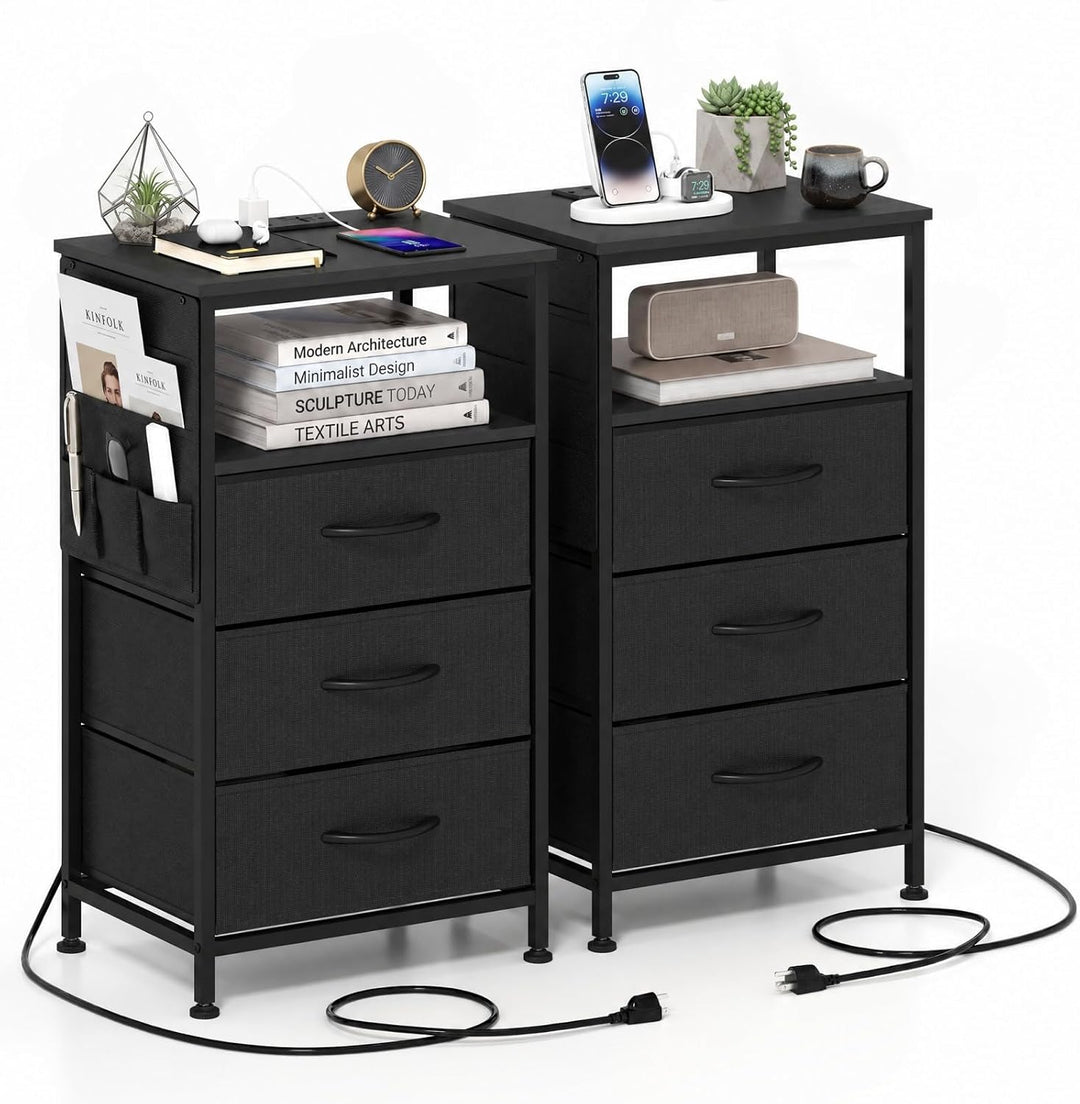 GIANTEX 27.5" Nightstand with Charging Station &amp; 3 Fabric Drawer (1/2)