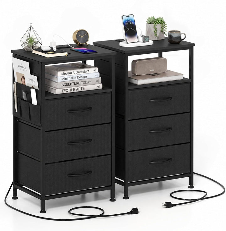 GIANTEX 27.5" Nightstand with Charging Station &amp; 3 Fabric Drawer (1/2)