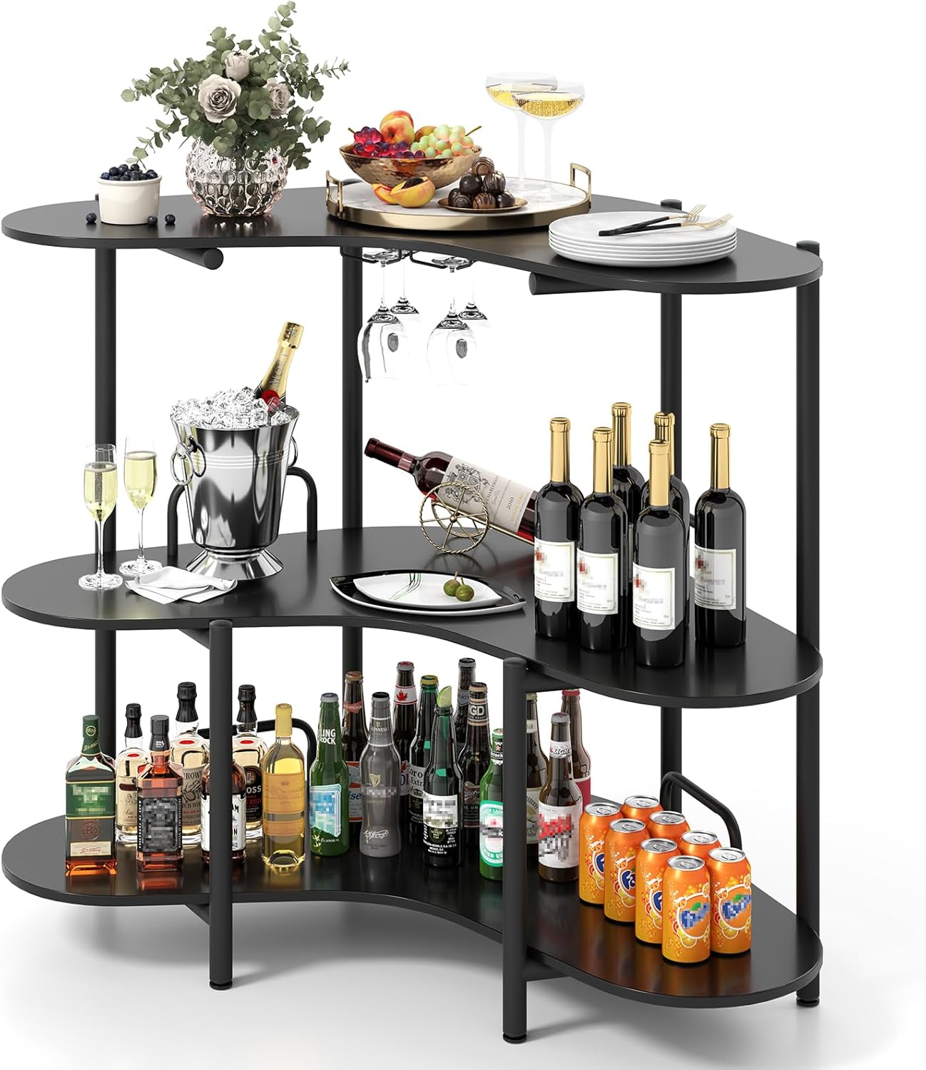 Giantex 3-Tier Bar Table, Corner Bar Cabinet, Liquor Home Bar Unit with Stemware Racks & Storage Shelves