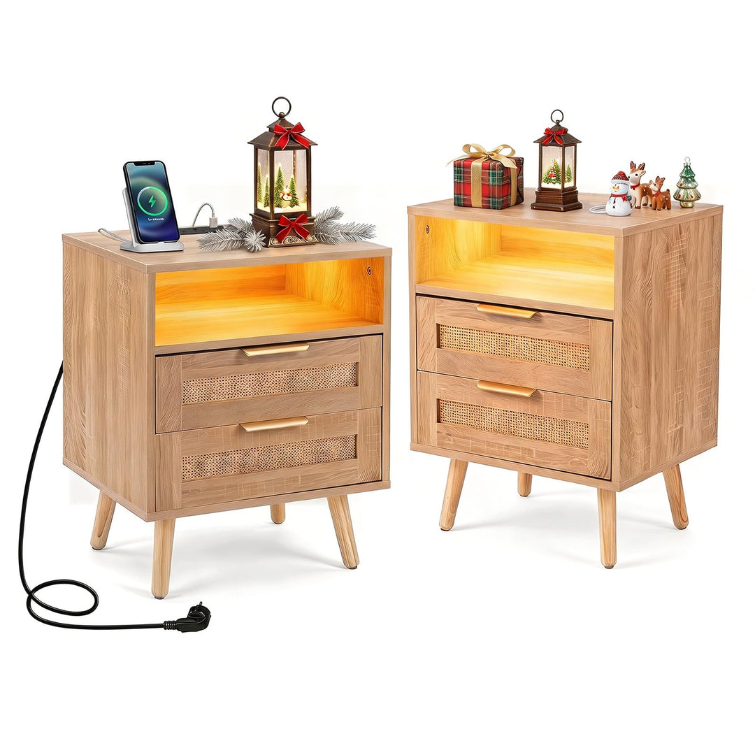 GIANTEX Rattan Nightstand with 2 Drawers &amp; Open Shelf (1/2)